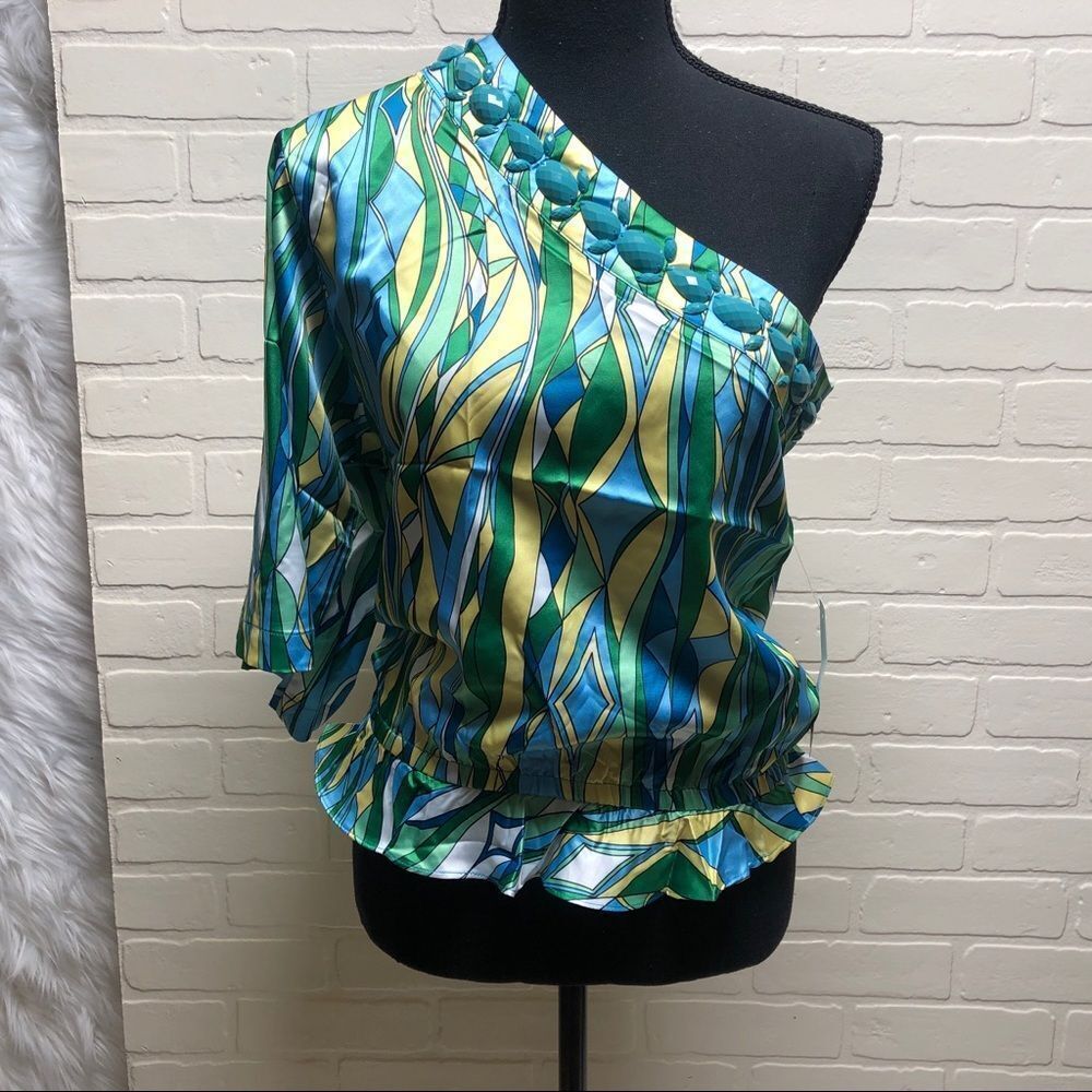 NWT Rachel Lym Couture Resort Swimwear Cover Up Crista Green One Shoulder Top